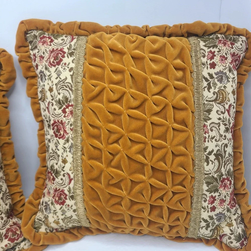 Vtg 70s Smocked Velvet Throw Pillows Pair Mustard Gold Smocking Floral Brocade 2